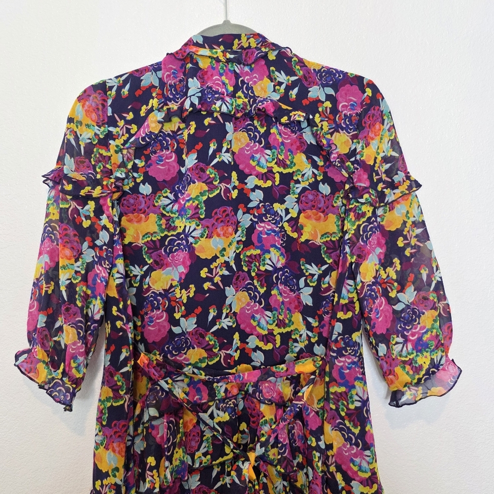 SALONI Tilly Ruffle Floral Print Silk Belted Romantic Mini Dress Size 4 - Picture 11 of 13